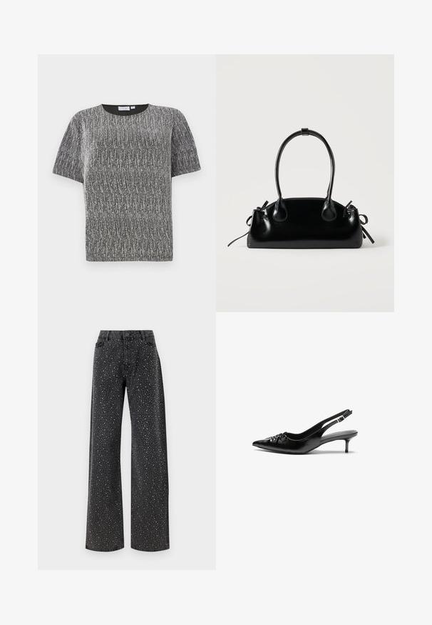 Lühikeste varrukate ja metallilise hõbedase ning musta tekstuuriga kudumisega särk, millel on ümmargune kaelus ja slim fit lõige.; Noisy May Rhinestone - Avar lõikega teksad - black denim; Mustad nahast rihmikud terava nina, madala kassisaba kand ja volditud detailiga eespool. Siledat tekstuuri ja minimalistlikku disaini.; Väike must läikiv käekott kahe pika sangaga ja külgedel paelakinnitustega, ühel lihtsal helel taustal.