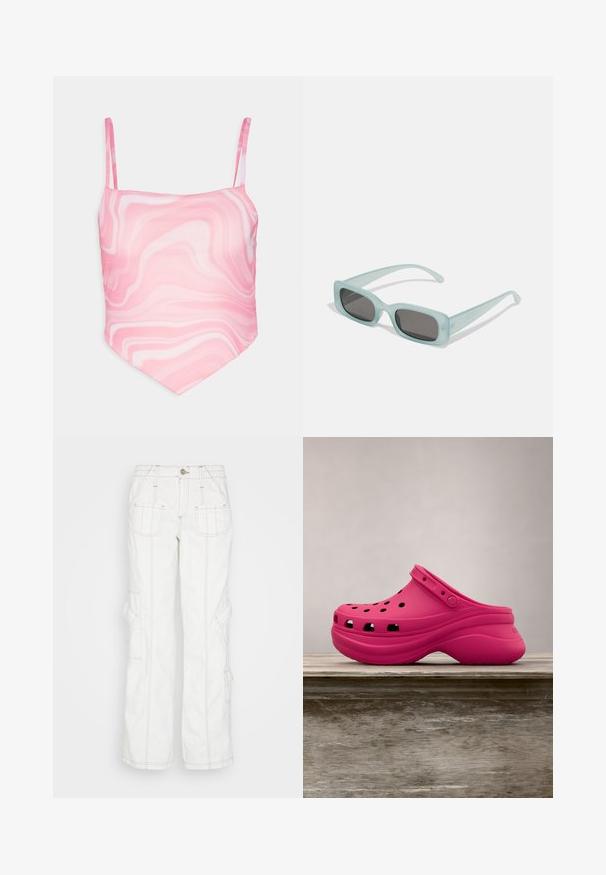 Neon & Nylon SIGNE STRAP SCARF - Top - sachet pink; BDG Urban Outfitters Džínsy voľného strihu - white; Jasne ružové gumené klobúkové topánky s ventilačnými otvormi, zadným pásikom a zakrivenou platformou pre pohodlie. Elegantná a hladká textúra po celom povrchu.; Párik obdĺžnikových slnečných okuliarov s svetlomodrými priehľadnými rámami a tmavosivými sklami, s rovnými stranami a minimálnymi hardvérovými detailmi.