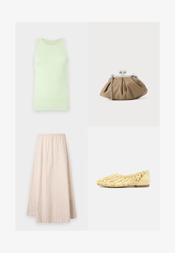 Débardeur vert clair sans manches avec encolure ronde, tissu lisse et détail subtil du logo sur l'ourlet inférieur.; Jupe beige en ligne A avec des rayures verticales blanches, taille élastique et longueur genou à mi-mollet.; Chaussure plate en cuir tressé jaune clair avec talon fermé et design en treillis ouvert, adaptée pour un usage décontracté.; Pochette en cuir beige clair à la forme arrondie, texture plissée, fermeture à verrou argentée et bandoulière chaîne amovible.