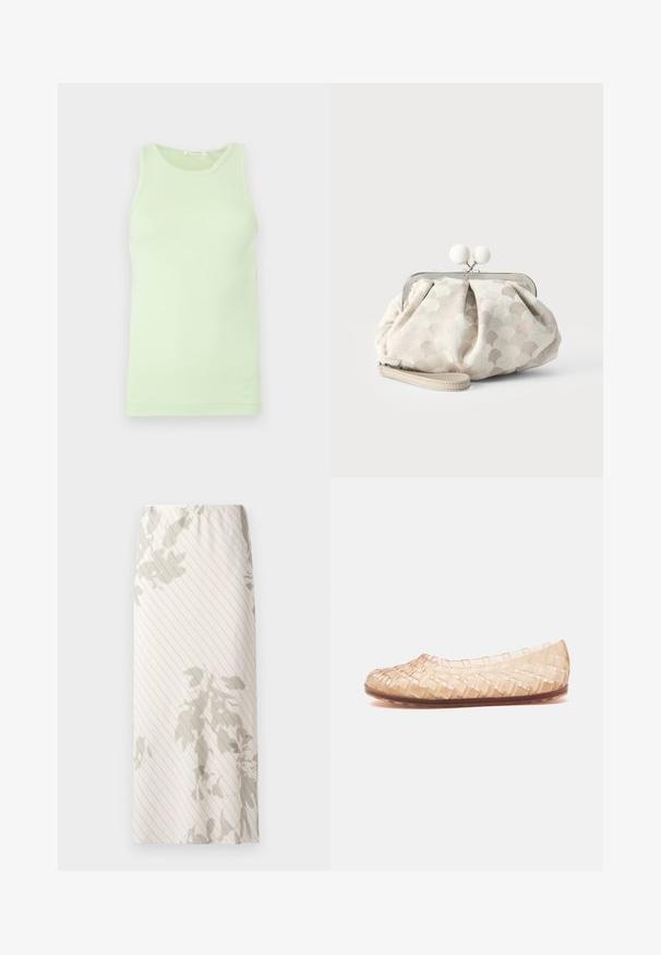 Débardeur vert clair sans manches avec encolure ronde, tissu lisse et détail subtil du logo sur l'ourlet inférieur.; Jupe blanche avec un motif à rayures fines et des dessins floraux gris clair. Taille élastique pour un ajustement confortable.; Chaussure plate tissée transparente beige avec bout arrondi et semelle marron, vue de côté sur fond blanc.; Petit sac pochette beige avec tissu texturé à pois, cadre argenté, fermoir rond blanc et bracelet de poignet amovible sur fond uni.
