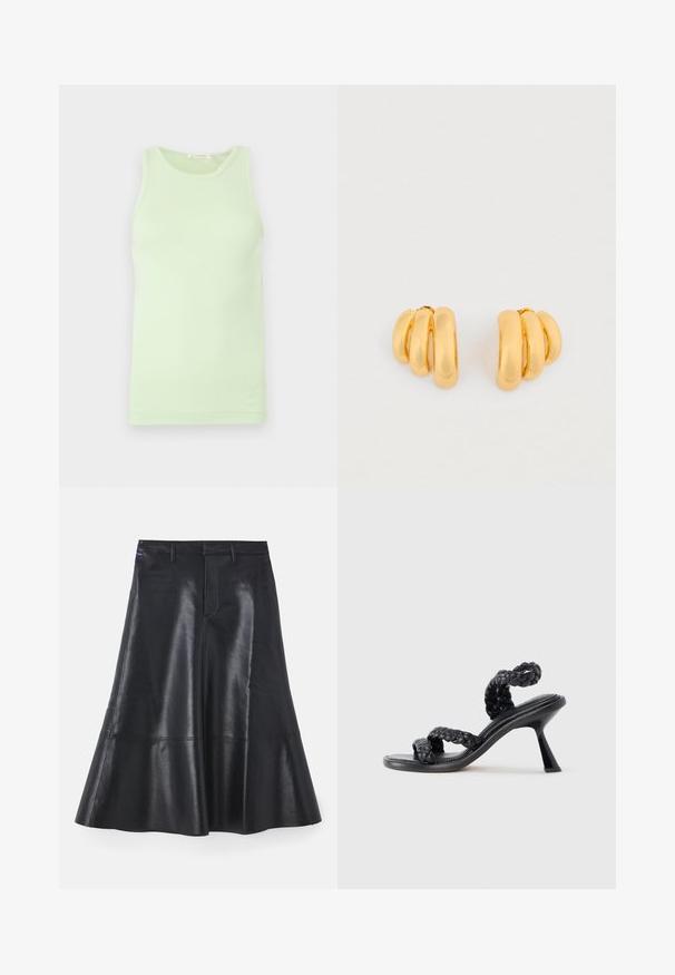 Camiseta sin mangas de color verde claro con cuello redondo, tejido liso y detalle sutil del logo en el dobladillo inferior.; Falda de piel negra con un diseño acampanado, de longitud media, que presenta una textura suave y detalles de costura discretos a lo largo del dobladillo.; Sandalias negras de tacón con tiras tejidas, un diseño elegante y tacón bloque puntiagudo. Hechas de material liso con un acabado brillante.; Pendientes de metal tono dorado con un diseño liso y redondeado, que presentan tres curvas entrelazadas, acabado pulido y cierre seguro.