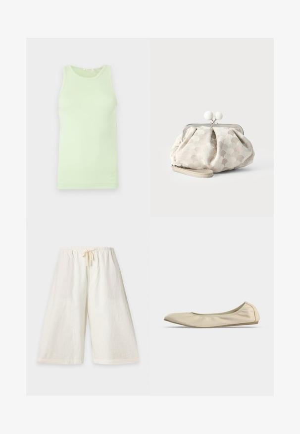 Débardeur vert clair sans manches avec encolure ronde, tissu lisse et détail subtil du logo sur l'ourlet inférieur.; Shorts amples, écrus, longueur genou, avec taille élastique et cordon, présentés sur un fond uni clair.; Ballerine beige en cuir souple avec bout arrondi, profil latéral bas et semelle fine en caoutchouc sur fond blanc uni.; Petit sac pochette beige avec tissu texturé à pois, cadre argenté, fermoir rond blanc et bracelet de poignet amovible sur fond uni.