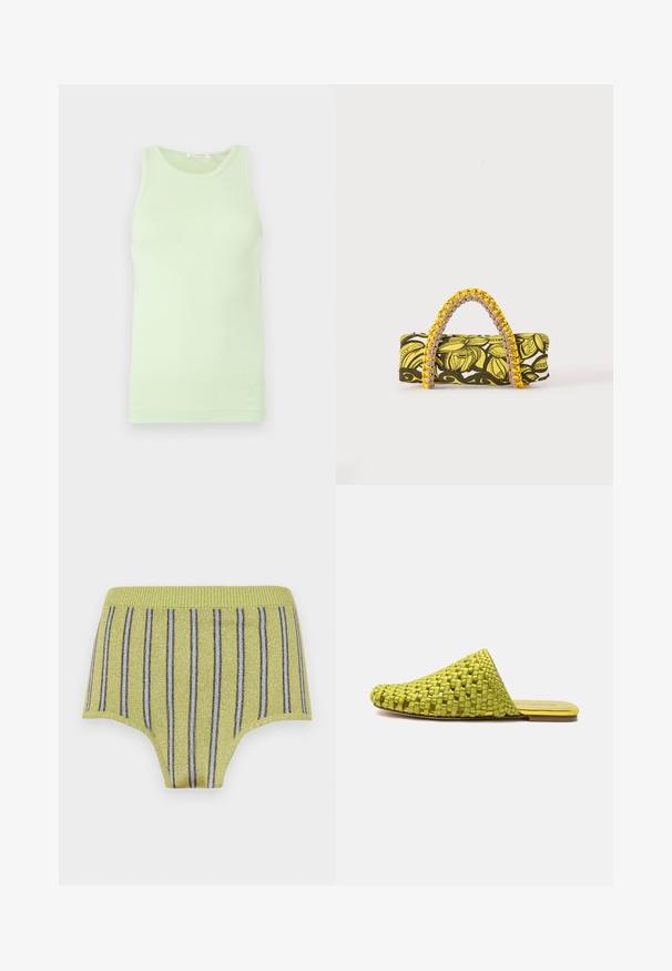 Ærmeløs lysegrøn tanktop med rund halsudskæring, glat stof og diskret logodetalje ved nederste kant.; Gule ribbede briefs med skinnende guldtråde og lodrette blå og brune striber. Har en bred elastisk talje og en glat tekstur.; Grøn vævet slip-on mule med flad sål og lukket spids, designet til afslappet brug.; Rektangulær taske med gult og sort blomsterprint og flettet gul og pink hank på hvid baggrund.