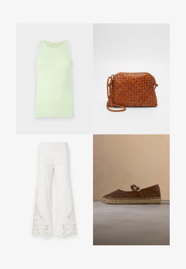 Débardeur vert clair sans manches avec encolure ronde, tissu lisse et détail subtil du logo sur l'ourlet inférieur.; Pantalons larges en tissu blanc présentant des motifs de broderie beige complexes et des ourlets festonnés au bas des jambes.; Chaussure en cuir marron perforée avec une bride et une boucle dorée, dotée d'une semelle en jute tressé et d'un bout arrondi. Flottant au-dessus d'une surface texturée.; Sac en cuir tressé marron en bandoulière avec une fermeture éclair, de forme arrondie et une poignée tressée. Il présente une petite plaque logo rectangulaire.