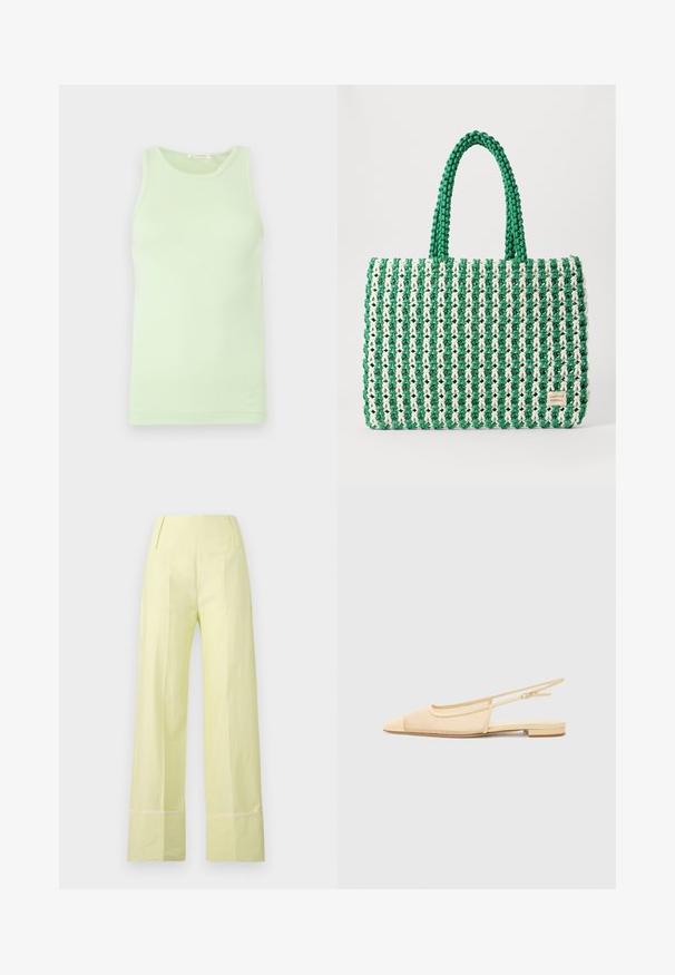 Débardeur vert clair sans manches avec encolure ronde, tissu lisse et détail subtil du logo sur l'ourlet inférieur.; Pantalon large en tissu jaune pâle avec une texture lisse. Dispose d'une taille haute et d'une couture contrastante le long de l'ourlet.; Chaussure plate slingback en beige clair avec une tige en maille, un bout pointu et un petit talon. Dotée d'une sangle ajustable pour un bon maintien.; Sac fourre-tout tissé vert et blanc avec une forme rectangulaire structurée, une finition texturée et deux poignées solides. Présente une étiquette de logo sur le côté.