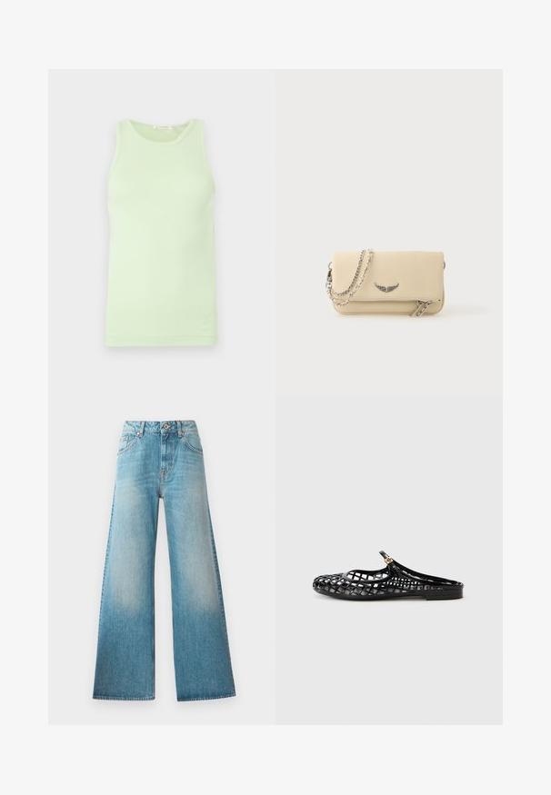 Ærmeløs lysegrøn tanktop med rund halsudskæring, glat stof og diskret logodetalje ved nederste kant.; Lysblå denim wide-leg jeans med høj talje, fem-lomme design og diskret falmning langs lårerne. Kobberfarvede hardware-detaljer.; Tory Burch MELLOW MARY JANE - Slip-on sandaler - perfect black/gold; Cremefarvet læderclutch med sølv vingemblem, dobbelt lynlås og sølvkæderem på en ensfarvet hvid baggrund.