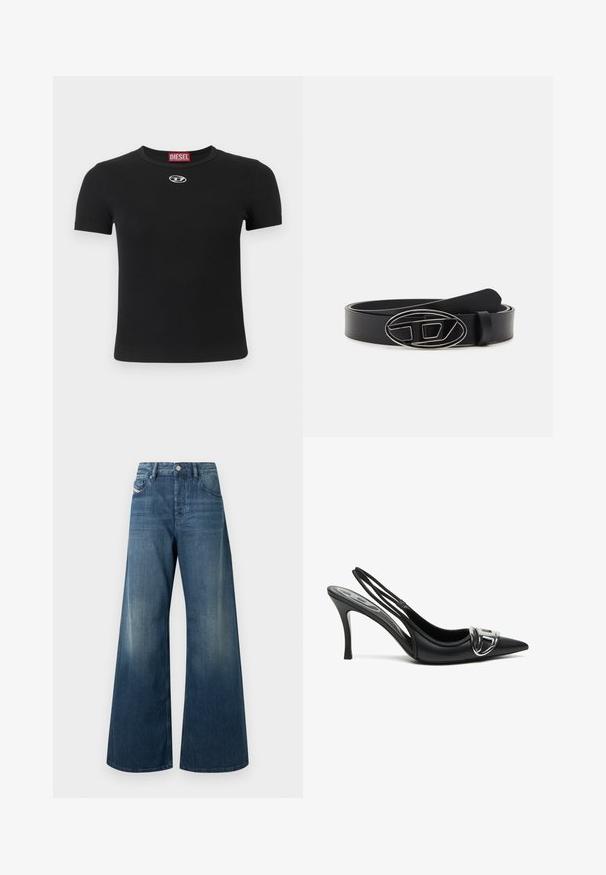 Zwart geribd T-shirt met korte mouwen, voorzien van een ronde hals en een klein, zilveren logodetail aan de voorkant in het midden.; Wijde jeans in donkerblauw denim, met een vervaagde afwerking, traditioneel ontwerp met vijf zakken en een metalen knoopsluiting in de taille.; Zwarte slingback hoge hakken met een spitse neus, voorzien van een glanzend zilveren gespsluiting en een slanke hak. Gladde leren textuur, minimalistisch ontwerp.; Zwarte leren riem met een brede band, een ovale zilveren gesp met geometrisch ontwerp en een soepele textuur.
