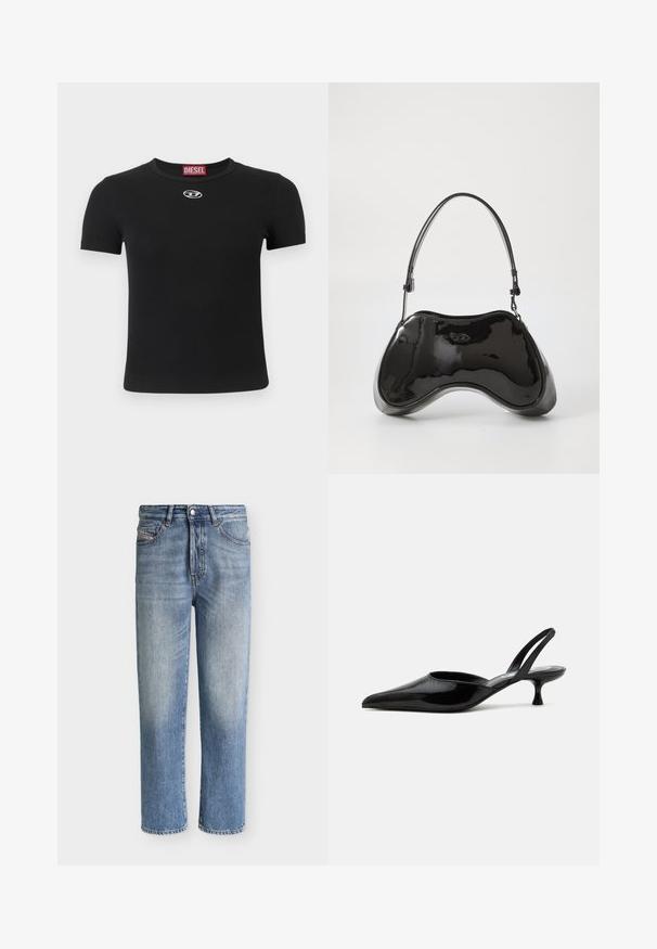 T-shirt noir côtelé à manches courtes, avec un col rond et un petit logo argenté au centre devant.; Jean denim bleu délavé à jambes droites avec fermeture par bouton et zip, poches avant et poche monnaie, présenté sur un fond clair uni.; Chaussure slingback à talon kitten en cuir verni noir avec bout pointu et talon bas incurvé sur fond clair uni.; Sac à main en cuir verni noir avec une forme incurvée unique, une anse courte et ajustable, et une fermeture zippée. Texture lisse avec un branding discret.