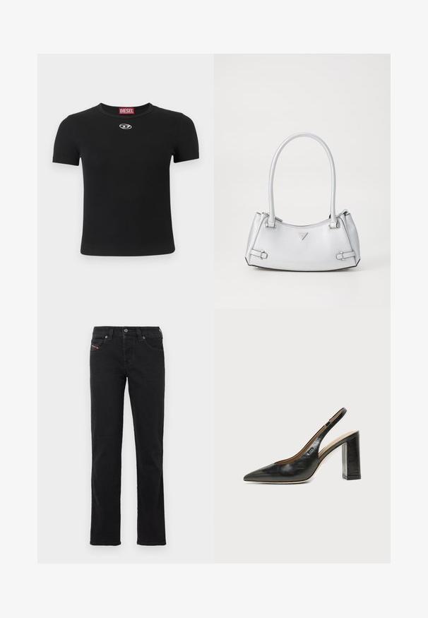 T-shirt noir côtelé à manches courtes, avec un col rond et un petit logo argenté au centre devant.; Jean en denim noir avec une coupe droite, doté d'une fermeture à boutons sur le devant, de cinq poches et de détails de couture subtils.; Chaussure slingback en cuir noir à bout pointu avec un talon bloc haut et une doublure intérieure beige sur un fond clair uni.; Sac à main argenté avec un design structuré, doté de deux poignées, d'une texture brillante, de quincaillerie accentuée et d'un logo triangulaire sur le devant.