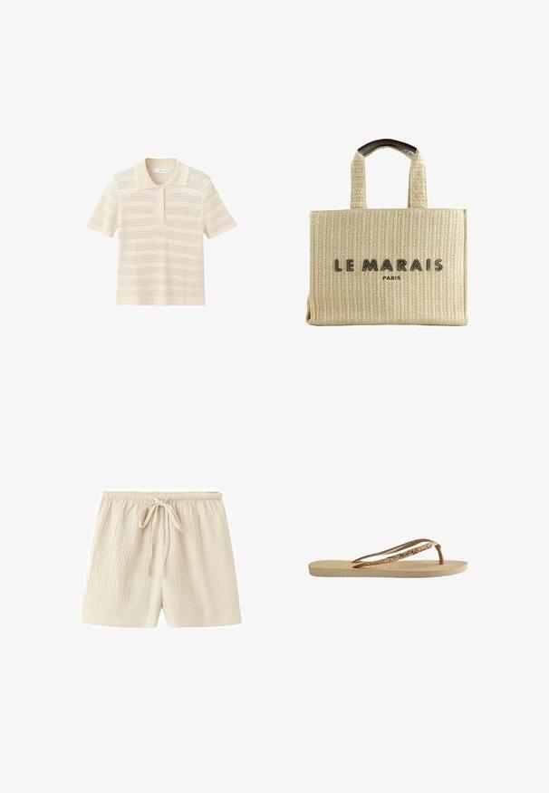Crèmekleurig, kortärmelig, gebreid poloshirt met geschulpte randen, horizontale open breistripes en drie knopen op de knoopsluiting.; Beige katoenen shorts met elastische tailleband en strik aan de voorkant, gemaakt van een lichtgewicht, gestructureerde stof en met een ontspannen pasvorm.; Tongs met een beige gestructureerde zool, dunne bruine banden en gouden glitters. Lichtgewicht ontwerp geschikt voor casual gebruik.; Beige geweven draagtas met stevige handgrepen, aan de voorkant in het midden zwart geborduurd met "LE MARAIS PARIS".