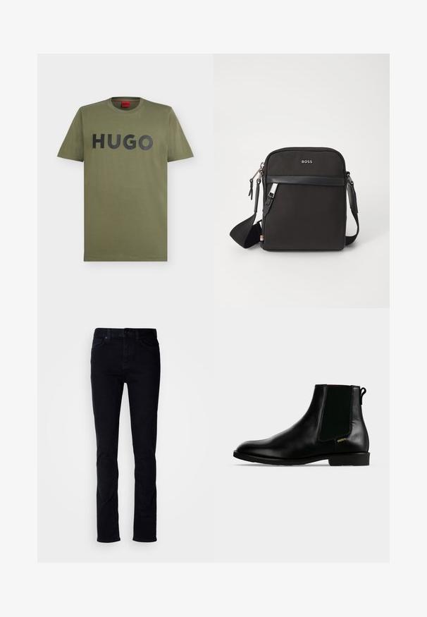 Olijfgroene T-shirt met korte mouwen en ronde hals met groot zwart "HUGO"-logo op de borst gedrukt.; Zwarte denim jeans met een slim fit, vijf-zakken ontwerp, zichtbare stiksels en een knoopsluiting. Gladde textuur zonder extra patronen.; Zwarte leren enkellaars met elastische zijpaneel, lage hak, trek lus aan de achterkant en klein gouden "HUGO" logo aan de buitenkant.; Zwarte schoudertas van textuurstof, met logo aan de voorkant, ritssluiting en verstelbare schouderband. Voorzien van een gladde leren rand.