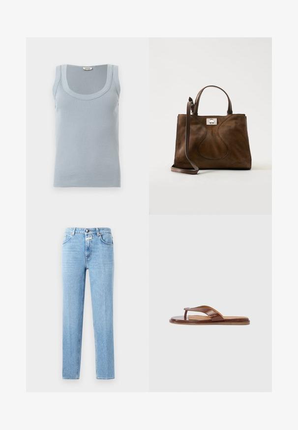 Hellblaues, geripptes, ärmelloses Tanktop mit Rundhalsausschnitt und Drykorn-Etikett am Rückenkragen, flach auf weißer Oberfläche liegend.; Hellblaue Denim-Jeans mit geradem Schnitt, Fünf-Taschen-Design und Metalldruckknopfverschluss. Strukturierter Stoff mit minimaler Verbleichung.; Braune Leder-Zehentrenner mit einem strukturierten Riemen und einer glatten Innensohle. Das Design ist minimalistisch und die Sohle flach, geeignet für den lässigen Gebrauch.; Braune Wildleder-Handtasche mit Ledergriffen und verstellbarem Schulterriemen, mit silberfarbenem Verschluss auf schlichtem weißem Hintergrund.