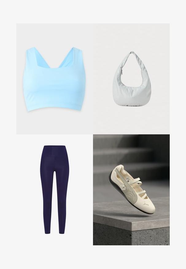 Lichtblauwe sportbeha met brede bandjes en een vierkante halslijn, ontworpen voor actief gebruik.; Navy blauwe leggings met een hoge tailleband, gemaakt van een gladde, rekbare stof. Het ontwerp heeft een aansluitende pasvorm zonder patronen.; Witte en grijze ballerina-sneaker met drie elastische banden en een zwarte zool, zwevend in de lucht boven een betonnen richel.; Zachte, lichtgrijze hobo tas van synthetisch materiaal. Heeft een enkele gevoerde handgreep en een ritsvak aan de zijkant.