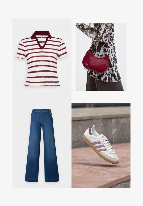 Stribet polo-shirt med dyb V-hals, korte ærmer og en bordeauxfarvet krave. Har alternerende brede hvide og bordeauxstriber i et tekstureret stof.; Denimbukser med vidde i benene i mørkeblå. Har en flad front med fem knapper i gylden tone til lukning. Glat tekstur med en klassisk finish.; Hvid og pink Adidas Samba sneaker med gummisål, der svæver over en stenoverflade med en sløret stenvæg i baggrunden.; Kvinde iført en sort- og hvidmønstret bluse, der holder en blank rød skuldertaske mod en ensfarvet baggrund.