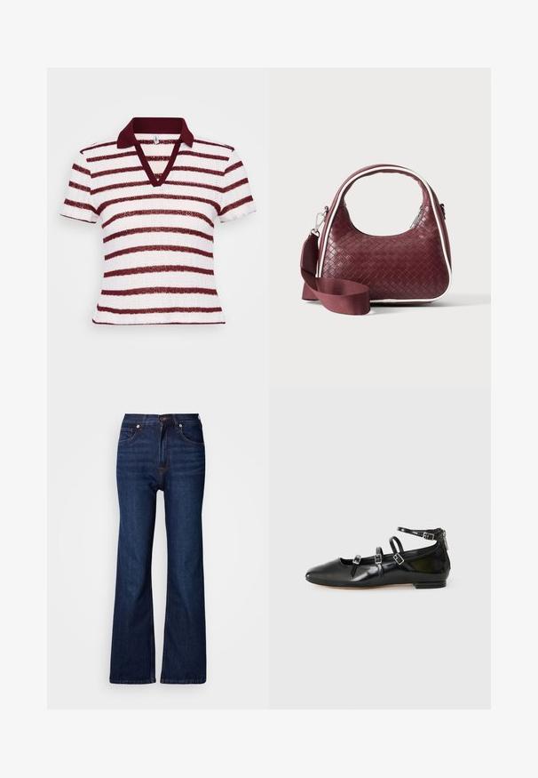Stribet polo-shirt med dyb V-hals, korte ærmer og en bordeauxfarvet krave. Har alternerende brede hvide og bordeauxstriber i et tekstureret stof.; Vida, mørkeblå denimjeans med fem lommer, knaplukning og kontrastsyningsdetaljer. Glat tekstur med et robust udseende.; ALDO NELTA - Ballerinasko - black; Mørkerød vævet lædertaske med buet hank, hvid kant, sølv lynlås og aftagelig bred stofskulderrem mod en ensfarvet baggrund.