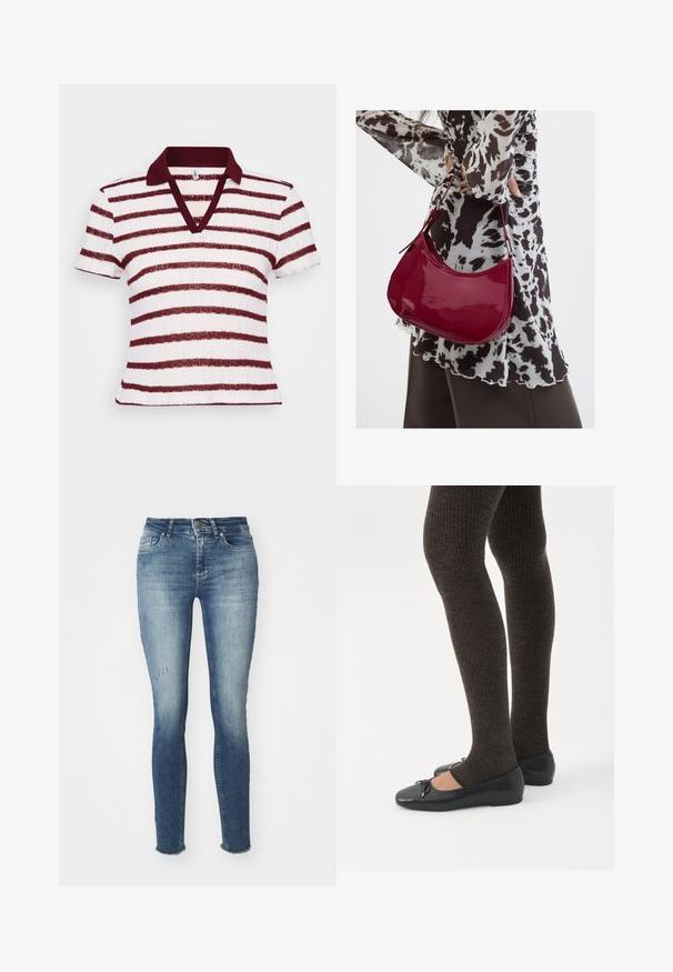 Gestreept polo-shirt met een diepe V-hals, korte mouwen en een bordeauxrode kraag. Heeft afwisselend brede witte en bordeauxrode strepen in een textuurstof.; Skinny blauwe jeans van denim, met een vervaagde wassing, lichte beschadigingen aan de voorkant en rafelige zomen bij de enkels.; Benen met donkere geribbelde leggings gecombineerd met zwarte ballerina's met kleine strikdetails op een witte achtergrond.; Vrouw met een zwart-wit gebloemde blouse houdt een glanzende rode schoudertas vast tegen een effen achtergrond.