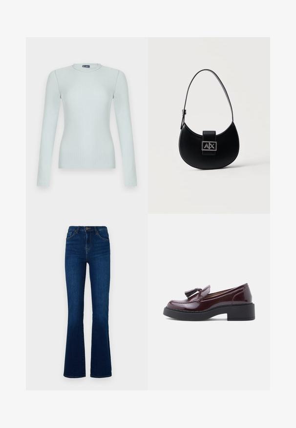 Lichtblauwe geribbelde, nauwsluitende trui met lange mouwen en een ronde hals, afgebeeld tegen een effen witte achtergrond.; Donkerblauwe flared jeans van denim met een hoge taille, voorzien van voorzakken, een ritssluiting en subtiele stikseldetails.; Bordeaux lakleren loafers met een platte zwarte hak, voorzien van een tasselaccent en gedetailleerd stiksel langs de naden.; Zwart handtas in de vorm van een halve maan met een enkele verstelbare band en een zilveren A|X-logo sluiting op de voorsflap.