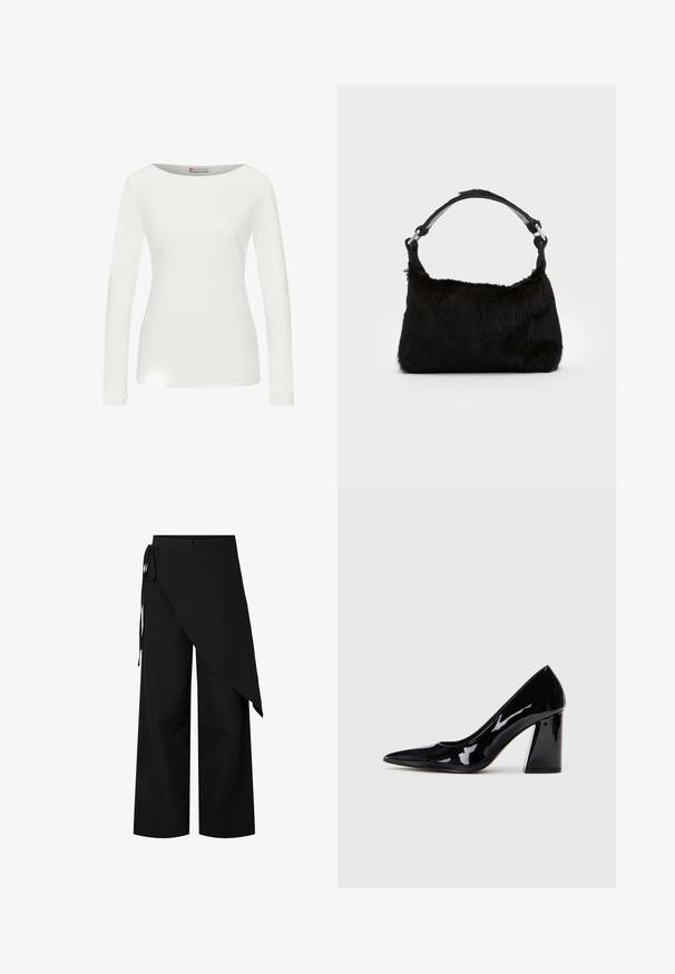 Chemise blanche ajustée pour femme à manches longues avec encolure bateau, en tissu lisse, présentée sur un fond blanc uni.; Pantalon large noir avec un sur-jupe asymétrique nouée à la taille gauche.; Chaussure à talon haut en vernis noir avec un embout pointu et un talon épais, présentant une texture lisse et brillante ainsi qu'un design élégant.; Sac à main en fausse fourrure noire avec une texture douce, une forme arrondie et une bandoulière en cuir noir robuste. Accent en métal argenté visible.