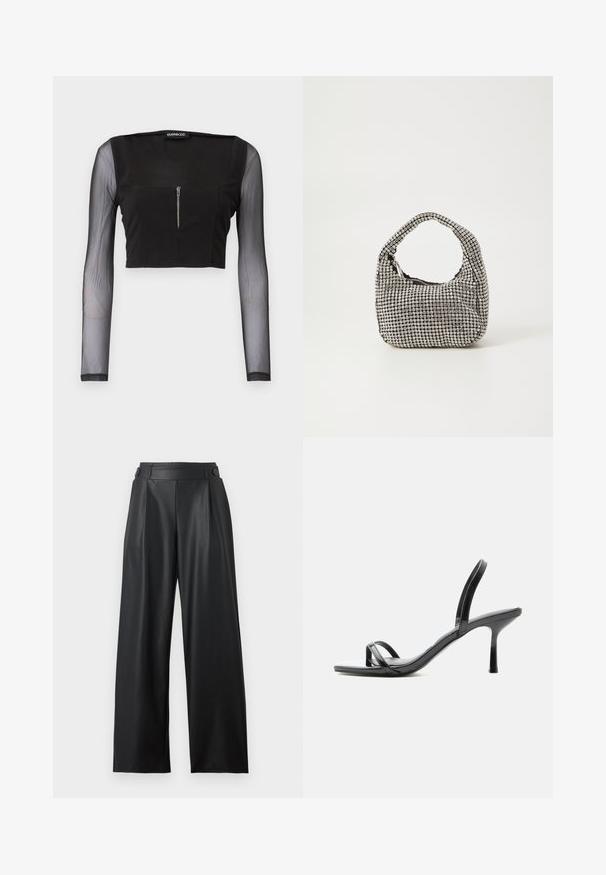 Top corto negro con escote cuadrado, que presenta una tela opaca y mangas largas transparentes. El cierre frontal con cremallera añade detalle al diseño.; Pantalones anchos de cuero sintético negro con cintura alta, detalles de botones en la cintura y pliegues delanteros.; Sandalia negra de tacón alto con finas tiras en los dedos y el tobillo, acabado brillante y tacón de aguja delgado.; Bolso de mano negro con forma redondeada, cubierto de pequeños rhinestones plateados, con un asa corta y un cierre de cremallera en la parte superior.
