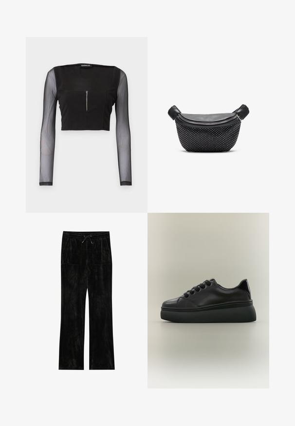 Musthave crop top ruudulise kaelusega, millel on opakne kangas ja läbipaistvad pikad varrukad. Ees oleva tõmbluku sulgemine lisab kujundusele detaili.; Must muströöpidega mustad veluurpüksid, millel on pehme tekstuur, laiad sääred, elastne vöökoht, narmastega sulgemine ja kaks eesmist taskut.; Must madala lõuaga toss paksu tekstuuriga platvormtallaga ja ees nöörimisega, neutraalsel tavalisel taustal.; Mustmust kott siledast nahast ülemise osa ja tekstuuriga aluse ning kaetud hõbedaste nupudega, millel on tõmbluku sulgus ja kaks käepidet.