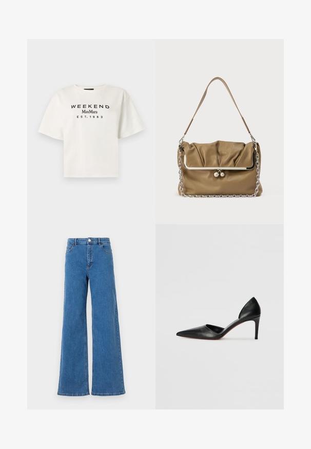 Valge lühikeste varrukatega T-särk, mille esiküljel on musta trükiga tekst "WEEKEND MaxMara EST. 1983" keskel.; Laiad sinised denim püksid kõrge vöökohaga, ees taskud ja nööbiga kinni. Kanga pind on sile ja klassikaline õmblusmustritega.; Must mustas nahkmatk kõrged kontsad terava ninaga, avatud külgedega ja štampuuri profiiliga. Omab õhukest kontsa ja punast tallavärvi aktsenti.; Pruun nahast käekott kortsuga, metalldetailide ja hõbedase ketistrapiga. Omab poleeritud metallraami ja kahte sfäärilist kinnitust.