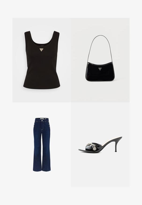 Sort ribbet tanktop med en scoop-neck og et lille trekantet logo i sølv accenter på midten foran. Tætsiddende design uden ærmer.; Mørkeblå bredbenede jeans med høj talje, der har knapdetaljer på siderne og en glat denimtekstur.; Sort laklæder højt hælet mule med åben tå og dekorative sølvcharme inklusive en blomst og hængelås på frontstroppen.; Sort skuldertaske i laklæder med tynd rem, trekantet Guess-logo foran og lynlåslukning i toppen.