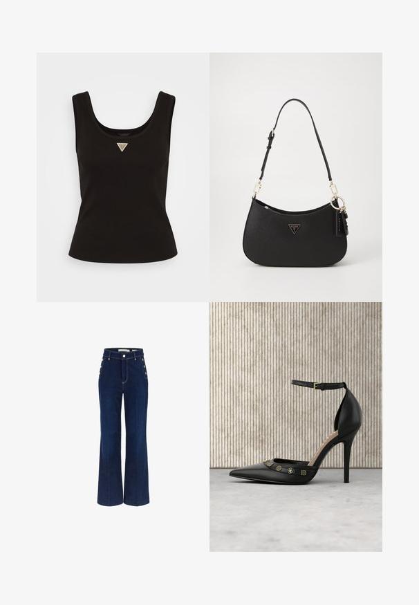 Sort ribbet tanktop med en scoop-neck og et lille trekantet logo i sølv accenter på midten foran. Tætsiddende design uden ærmer.; Mørkeblå bredbenede jeans med høj talje, der har knapdetaljer på siderne og en glat denimtekstur.; Sort læder pumphøjhælede sko med spids tå, ankelrem og guldfarvede udsmykninger hen over overdelen. Glat tekstur.; Sort syntetisk håndtaske med en buet form, guldfarvet hardware og et trekantet logo. Har lynlås lukning og en justerbar rem.