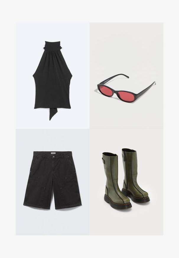 Haut noir sans manches avec col montant froncé et détail asymétrique à l'ourlet pointu.; Shorts noirs mi-genoux avec grandes poches plaquées à l'avant, fermeture par bouton métallique, passants pour ceinture et poches latérales, posés à plat sur un fond clair.; Une paire de bottes en cuir vert olive mi-mollet avec des semelles épaisses noires et des surpiqûres oranges, dotées de fermetures éclair sur le côté et d'un détail de sangle à l'arrière du dessus.; Lunettes de soleil ovales noires avec des branches fines et des verres teintés rouges posées sur une surface blanche.