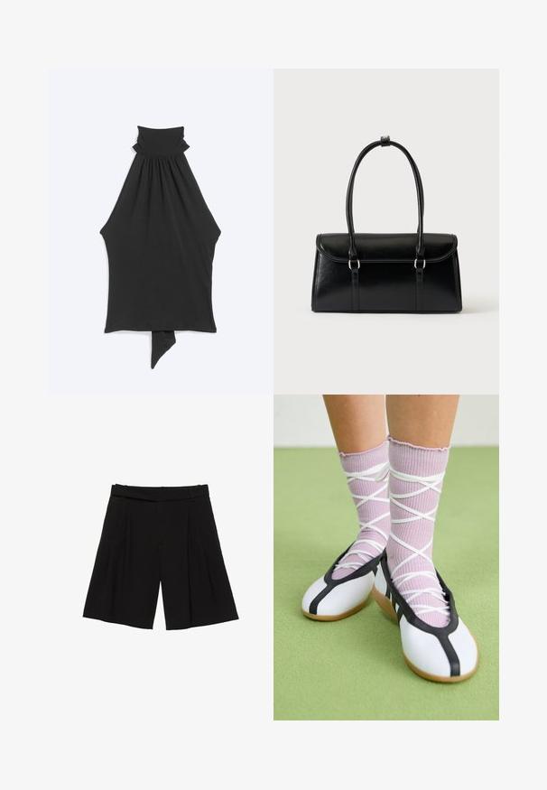 Haut noir sans manches avec col montant froncé et détail asymétrique à l'ourlet pointu.; Shorts noirs sur mesure longueur genou avec plis à l'avant et passants de ceinture, conçus pour un look structuré et soigné.; Jambes portant des chaussettes lavande côtelées avec des brides blanches croisées, associées à des ballerines blanches avec un bord noir sur un sol vert.; Sac à main rectangulaire en cuir noir avec fermeture à rabat et deux longues anses sur fond blanc uni.