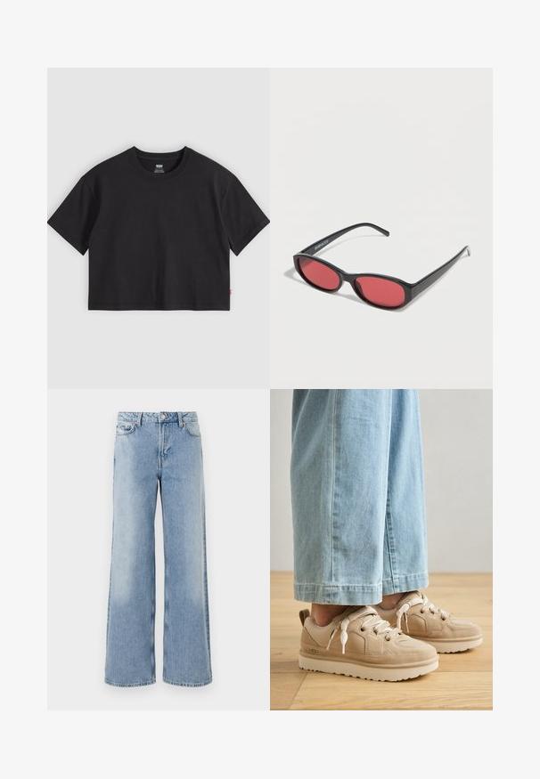 T-shirt noir court à manches courtes avec col rond et petite étiquette rouge Levi's sur la couture latérale, posé à plat sur un fond gris clair.; Jeans bleu clair à jambe large avec un délavage, cinq poches, fermeture à bouton et ourlets droits. Fabriqués en denim avec une texture lisse.; Baskets en suède beige avec tissu texturé, bout rond et semelle blanche épaisse. Présentent des lacets élastiques et une languette au talon.; Lunettes de soleil ovales noires avec des branches fines et des verres teintés rouges posées sur une surface blanche.
