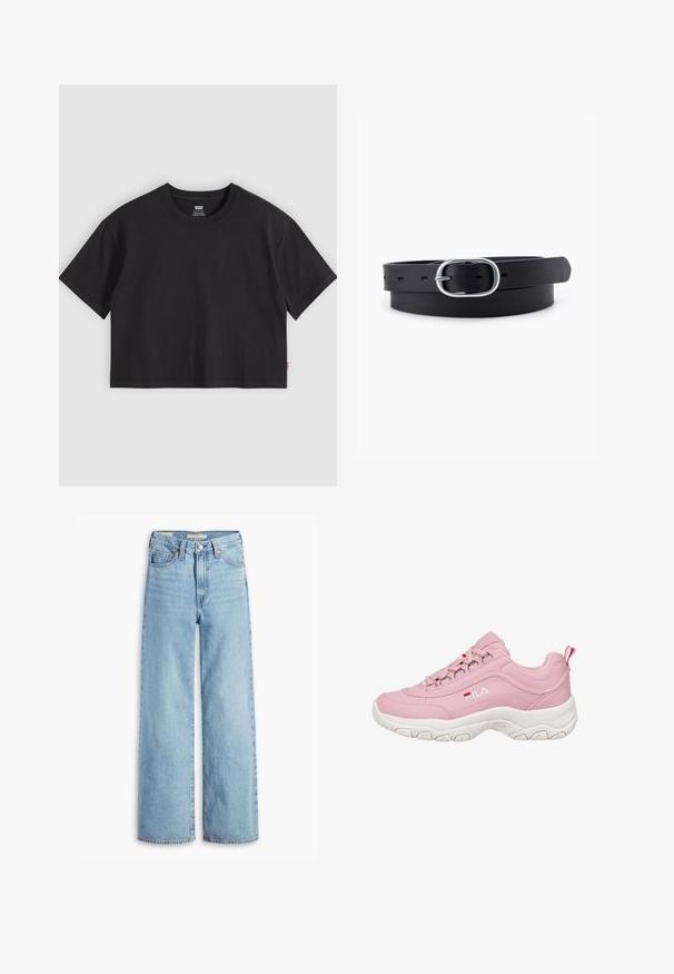 T-shirt noir court à manches courtes avec col rond et petite étiquette rouge Levi's sur la couture latérale, posé à plat sur un fond gris clair.; Jean large taille haute en denim bleu clair avec fermeture à bouton et zip à l'avant, passants de ceinture et cinq poches.; Baskets roses avec une tige synthétique lisse, semelle en caoutchouc blanche, design à lacets, et logo FILA sur le côté. Comprend une languette au niveau du talon.; Ceinture en cuir noir au toucher lisse, boucle en métal argenté de forme ovale et plusieurs trous d'ajustement le long de la sangle. Design plat et minimal.