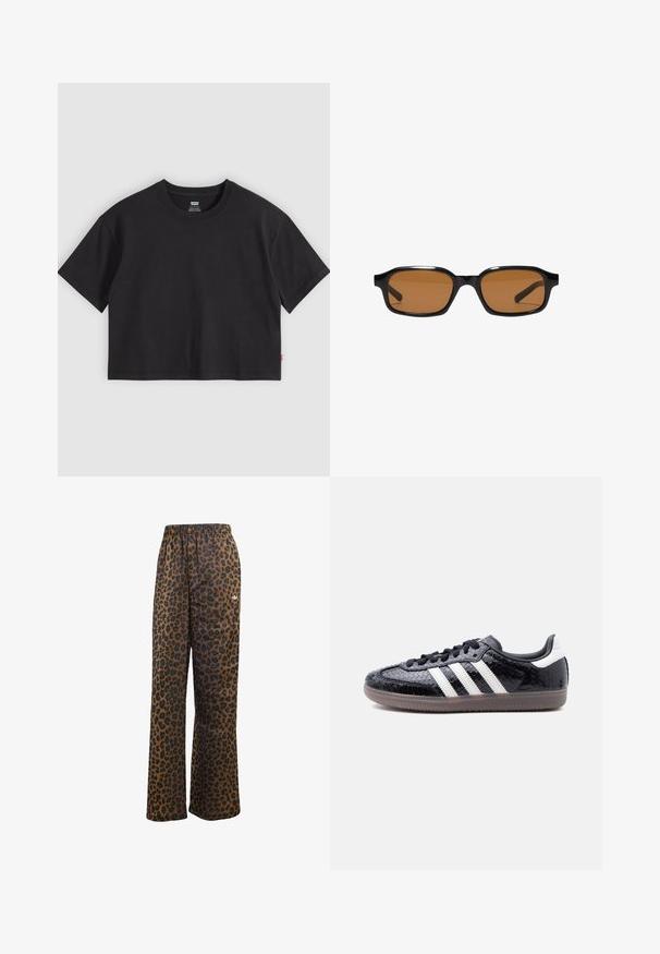 T-shirt noir court à manches courtes avec col rond et petite étiquette rouge Levi's sur la couture latérale, posé à plat sur un fond gris clair.; adidas Originals WIDE LEG LEO PRINT SATIN PANTS - Pantalon de survêtement - multicolor bronze strata; Baskets noires profilées avec motif en relief imitation peau de serpent, bandes blanches sur le côté, lacets noirs et semelle translucide marron.; Lunettes de soleil rectangulaires noires avec des montures épaisses et des verres teintés marron, vues de face sur un fond blanc.