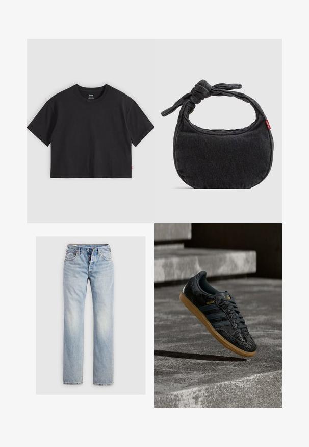 Zwarte cropped T-shirt met korte mouwen en ronde hals en een klein rood Levi's-label op de zijnaden, plat gelegd op een lichtgrijze achtergrond.; Lichtblauwe denim jeans met een recht gesneden ontwerp, een vijfknopen gulp en achterzakken met subtiele stikdetails.; Zwarte Adidas Samba sneaker met een gestructureerd patroon, gumzool en gouden logo, zwevend boven betonnen trappen.; Kleine zwarte denim schoudertas met een gestrikte riem en ritssluiting, met een rood Levi's stoffen label aan de zijkant.
