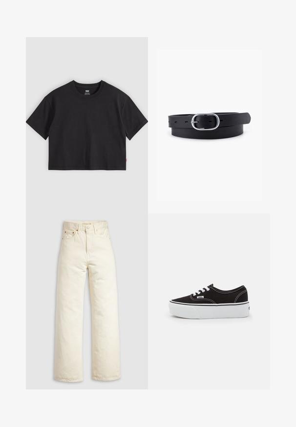 Sort kortærmet t-shirt med rund hals og lille rød Levi's-etiket på sidesømmen, lagt fladt på en lysegrå baggrund.; Vidbenede jeans i offwhite denim med høj talje, kobbernitter og klassisk design med fem lommer. Struktureret stof med rene kanter.; Sort lærred sneakers med en hvid gummi platform sål, der har hvide snørebånd og syninger, ikonisk branding på siden, lav-top design.; Sort læderbælte med en glat overflade, oval sølvmetalspænde og flere justeringshuller langs stroppen. Flad, minimalistisk design.