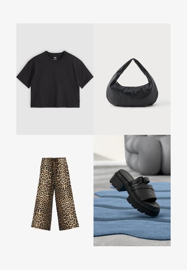 Sort kortærmet t-shirt med rund hals og lille rød Levi's-etiket på sidesømmen, lagt fladt på en lysegrå baggrund.; Bredde bukser med leopardprint i let stof med sort baggrund, der har en snor i taljen og en glat tekstur.; Sort sandal med chunky hæl og spænde, der svæver over et tekstureret blåt tæppe, med slørede bøjede ben i baggrunden.; Sorte bløde læder halvmåneformet håndtaske med et tykt, polstret håndtag og lynlås lukning i toppen.