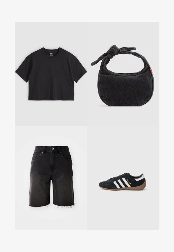 Zwarte cropped T-shirt met korte mouwen en ronde hals en een klein rood Levi's-label op de zijnaden, plat gelegd op een lichtgrijze achtergrond.; Zwarte denim shorts met een vervaagde wassing, rafelig zoom, klassieke vijf-pocket ontwerp en een enkele knoopsluiting. Dikke stiksels accentueren het geheel.; Zwarte suède sneaker met drie witte strepen, een rubberen gumzool en een klein gouden logo aan de zijkant. Heeft een gladde zwarte binnenvoering.; Kleine zwarte denim schoudertas met een gestrikte riem en ritssluiting, met een rood Levi's stoffen label aan de zijkant.