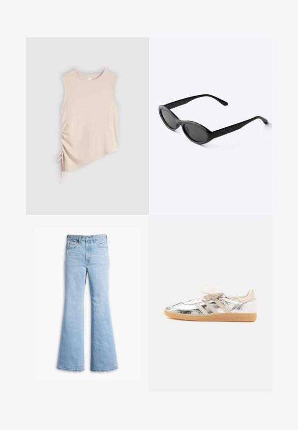 Top sin mangas beige con cuello redondo y detalle de lazo lateral ajustable que crea un efecto fruncido en un lado.; Jeans de mezclilla de corte acampanado en azul claro, con cintura alta, un ligero desvanecimiento, detalles desgastados y diseño estándar de cinco bolsillos.; Zapatilla baja con parte superior plateada brillante, tres rayas beige, cordones blancos y suela de goma marrón claro, mostrada de lado sobre fondo blanco.; Gafas de sol ovaladas negras y elegantes con lentes oscuras y patillas rectas, reposando sobre una superficie blanca.
