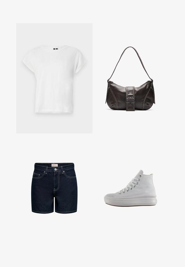 Hvid kortærmet t-shirt med rund halsudskæring og blonder på skuldrene. Lavet af blødt, letvægtsstof.; Mørkeblå denimshorts med en tætsiddende pasform, fem lommer, gyldne syninger og lukning med knap foran. Materialet har en glat tekstur.; Hvid højt canvas sneaksko med hvide snørebånd, metaløjer, tyk gummisål og tekstureret tåhætte, vendt mod venstre på en hvid baggrund.; Brun læder skuldertaske med en buet form, der har et fremtrædende spænde, kontrasterende syninger og en enkelt skulderrem.