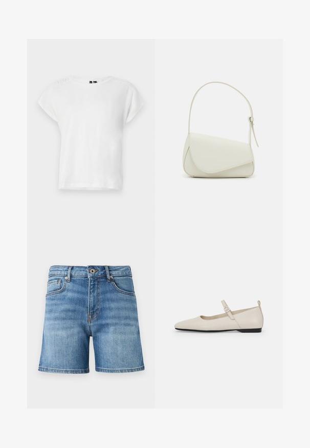 Hvid kortærmet t-shirt med rund halsudskæring og blonder på skuldrene. Lavet af blødt, letvægtsstof.; Lysblå denimshorts med klassisk femlomme-design, let slidte detaljer, lige pasform og syet kant.; Hvide ballerinasko i læder med spids tå, ankelsnor og lav sort hæl. Glat tekstur med minimale detaljer.; Hvid taske i faux læder med en struktureret trekantet form, enkelt justerbart skulderstrop og en flaplås med kurver.
