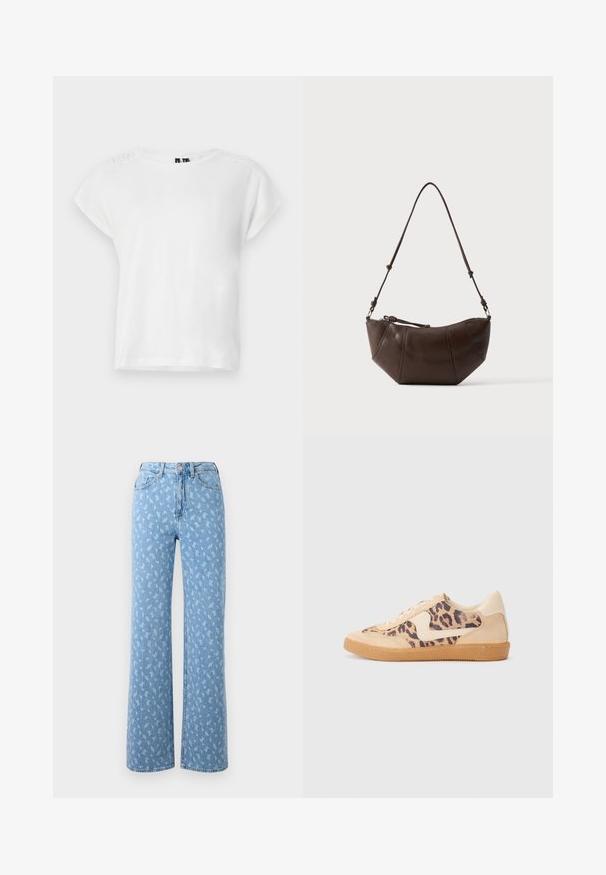 Hvid kortærmet t-shirt med rund halsudskæring og blonder på skuldrene. Lavet af blødt, letvægtsstof.; Lysblå vidde jeans i denim med et blomster mønster i en lysere skygge. Høj talje design med standard lomme konstruktion.; Leopardprint sneakers med beige ruskindsoverdel, tan gummisål og hvide detaljer. Rund pegefinger og snørebåndsdesign med en tekstureret finish.; Brun læder skuldertaske med buet bund og justerbar rem mod en ensfarvet lys baggrund.