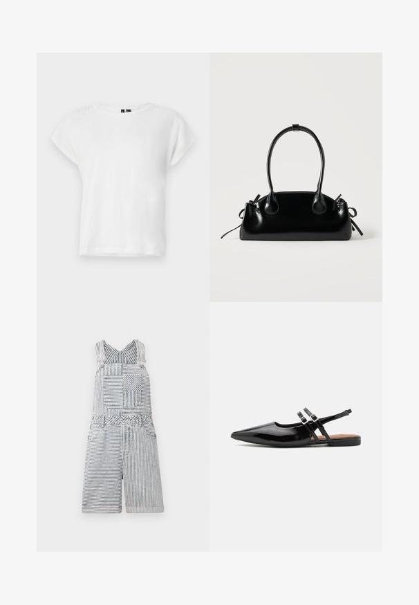 Witte T-shirt met korte mouwen, een ronde halslijn en kantdetails op de schouders. Gemaakt van zachte, lichte stof.; Gestreepte denim jumpsuit met een vierkante zak, verstelbare straps en een wijde halslijn. Heeft een relaxte pasvorm met een shorts-lengte.; Zwarte gepatineerde leren slingback schoenen hebben een spitse neus, twee banden met gespsieraden en een platte zool.; Kleine zwarte glanzende handtas met twee lange hengsels en zijkant trekkoord details op een effen lichte achtergrond.