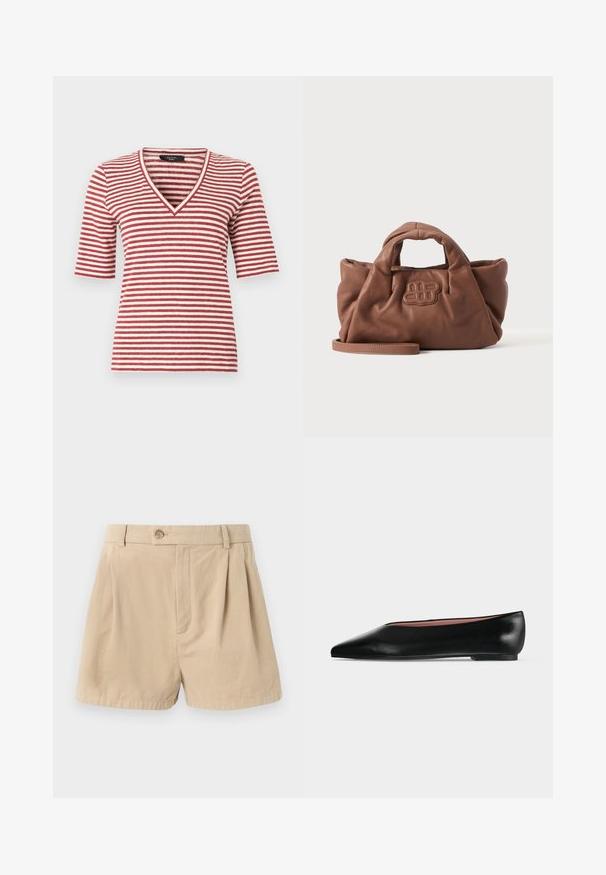 Kort shirt met rode en witte horizontale strepen en een V-halskraag, afgebeeld op een witte achtergrond.; Filippa K HIGH WAIST PLEATED - Shorts - beige; Zwarte leren damesschoen met platte zool, puntige neus en lage hak, zijwaarts afgebeeld tegen een effen lichtgrijze achtergrond.; Zachte bruine leren handtas met korte handgrepen, een vooraan gestikt logo en een afneembare lange band op een effen lichte achtergrond.