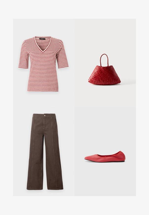 Kort shirt met rode en witte horizontale strepen en een V-halskraag, afgebeeld op een witte achtergrond.; Bruine wijde broek gemaakt van soepel materiaal, met voren ingenaaide naden en een enkele metalen knoopsluiting op de tailleband.; Filippa K REY FLATS - Ballerina's - bright red; Rode geweven leren handtas met een afgeronde, driehoekige vorm en twee gevlochten handvatten op een witte achtergrond.