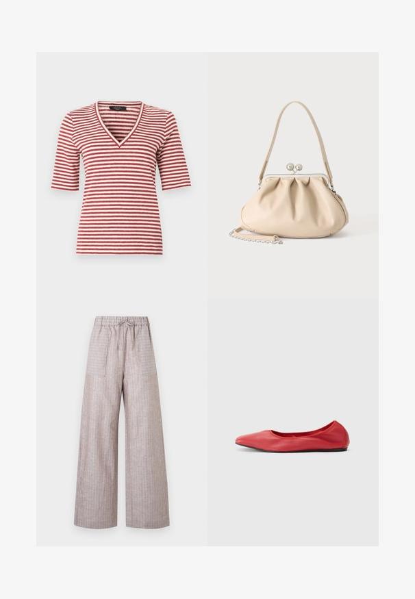 Chemise à manches courtes avec des rayures horizontales rouges et blanches et un col en V, présentée sur un fond blanc.; Pantalon large marron clair avec fines rayures blanches verticales, taille élastique, cordon de serrage et poches plaquées à l'avant.; Filippa K REY FLATS - Ballerines - bright red; Sac à main en cuir souple beige avec un fermoir en métal argenté, une bandoulière simple et une bandoulière chaîne optionnelle sur fond blanc.