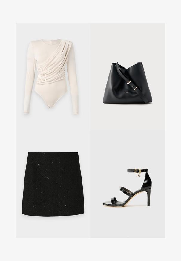 Beige langærmet bodysuit med draperet front, glat tekstur og trykknaplukning nederst. Elegant og tætsiddende design.; Sort struktureret mini nederdel med subtile glitrende prikker, lige snit, og uden synlige dekorationer eller mønstre.; Sorte patenterede lædersandaler med tre stropper, ankelspænde og 10 cm stiletthæl. Har detaljer i guld og et logo charms.; Sort læder skuldertaske med justerbar rem og lille logo i guldfarve på forsiden, vist på hvid baggrund.