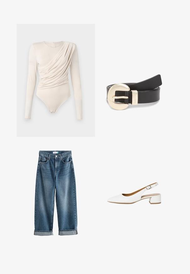 Beiger Langarm-Bodysuit mit drapiertem Vorderteil, glatter Textur und Druckknopfverschluss im Schritt. Elegantes und tailliertes Design.; Next BOYFRIEND TURN UP - Jeans Straight Leg - mid blue; Tamaris Pumps - white leather; Schwarzer Ledergürtel mit einer großen Schnalle in Goldoptik, glatter Struktur und minimalistischem Design mit dezentem Logoakzent.