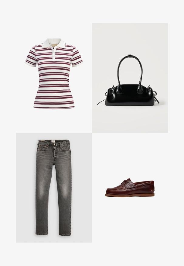 Kurzärmliges Poloshirt mit horizontalen maroonen und weißen Streifen, aus weichem Stoff mit klassischem Kragen und einer Drei-Knopf-Leiste.; Graue Jeans aus Denim mit geradem Bein, mit beschädigter Textur, subtilen Verwaschungen, kupfernen Nieten und einem klassischen Knopfverschluss.; Brauner Leder-Bootsschuh mit Schnürsenkeln, Nahtdetails und Timberland-Logo an der Seite, auf weißem Hintergrund gezeigt.; Kleine schwarze glänzende Handtasche mit zwei langen Griffen und seitlichen Kordelzug-Details vor einfachem hellem Hintergrund.