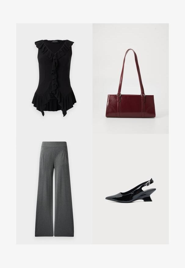 Zwarte mouwloze aansluitende blouse met V-hals, geplooide rand langs de halslijn, voorkant en zoom, met label "Anna Field" binnenin de kraag.; Grijze wijde broek met een platte tailleband, plooien aan de voorkant en een zachte textuur, ontworpen voor comfort en bewegingsvrijheid.; Zwarte lakleren slingback schoen met spitse neus en lage schuine blokhak op een effen lichte achtergrond.; Bourgondische handtas van glanzend materiaal, rechthoekige vorm, met twee schouderbanden en subtiele gebogen accenten aan de voorkant.