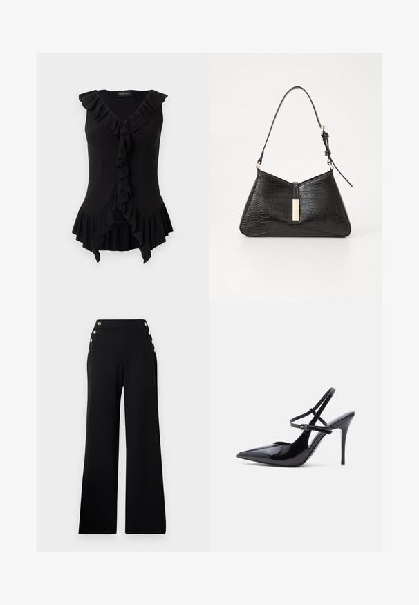 Blusa negra ajustada sin mangas con escote en V, detalle de volantes a lo largo del escote, el frontal y el bajo, con etiqueta "Anna Field" en el interior del cuello.; Pantalones de pierna ancha de talle alto en negro con botones dorados en la parte delantera y bolsillos en ambas caderas sobre un fondo blanco.; Zapato de tacón alto de charol negro con punta puntiaguda, con dos finas correas ajustables en el tobillo y tacón de aguja, mostrado de lado.; Bolso negro en material imitación cocodrilo, con forma triangular, correa de hombro delgada y un acento de hardware en tono dorado en el centro.