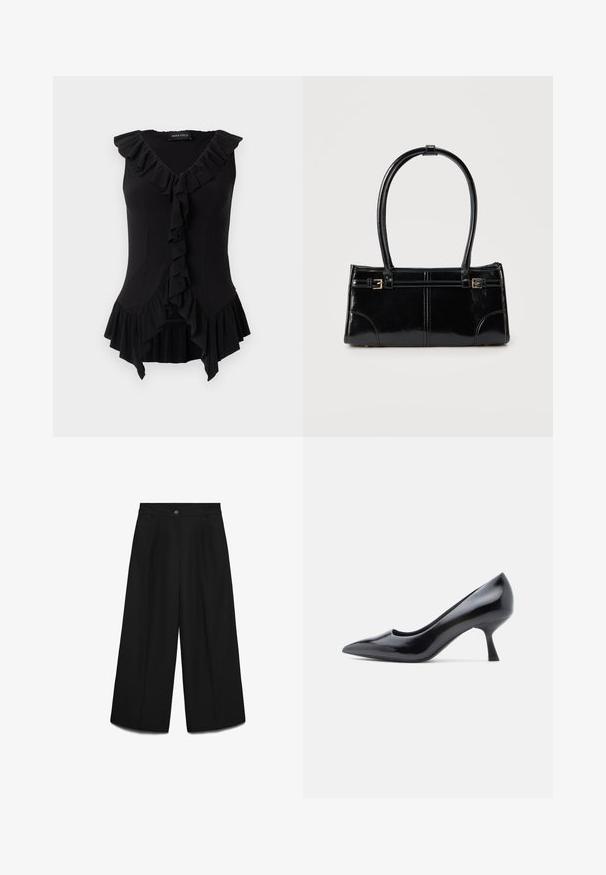 Blouse noire ajustée sans manches avec col en V, bordure à volants le long de l'encolure, sur le devant et à l'ourlet, avec l'étiquette "Anna Field" à l'intérieur du col.; Pantalon noir taille haute sur mesure avec plis sur le devant, fermeture par un bouton unique et passants de ceinture, présenté sur un fond gris clair.; Escarpin en cuir verni noir avec bout pointu et talon aiguille de hauteur moyenne. Texture lisse et design minimaliste sans ornements visibles.; Sac à main rectangulaire noir brillant avec deux fines bretelles et petits détails de boucles dorées à l'avant.